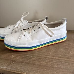Sperry Top Sider Women’s Leather Pride Love White Rainbow Sneakers Shoes Sz 6.5